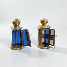 Load image into Gallery viewer, B306 Pair of Brass Small Ramadan Lanterns with Blue &amp; Amber Glass – Handmade