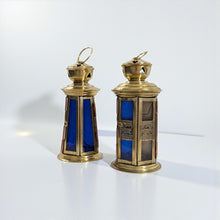 Load image into Gallery viewer, B306 Pair of Brass Small Ramadan Lanterns with Blue &amp; Amber Glass – Handmade