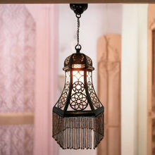 Load image into Gallery viewer, B266 Antique Brass &amp; Black Moroccan Hexagonal Pyramid-Shaped Hanging Lampshade with Chain Curtain – Vintage Boho Ceiling Light