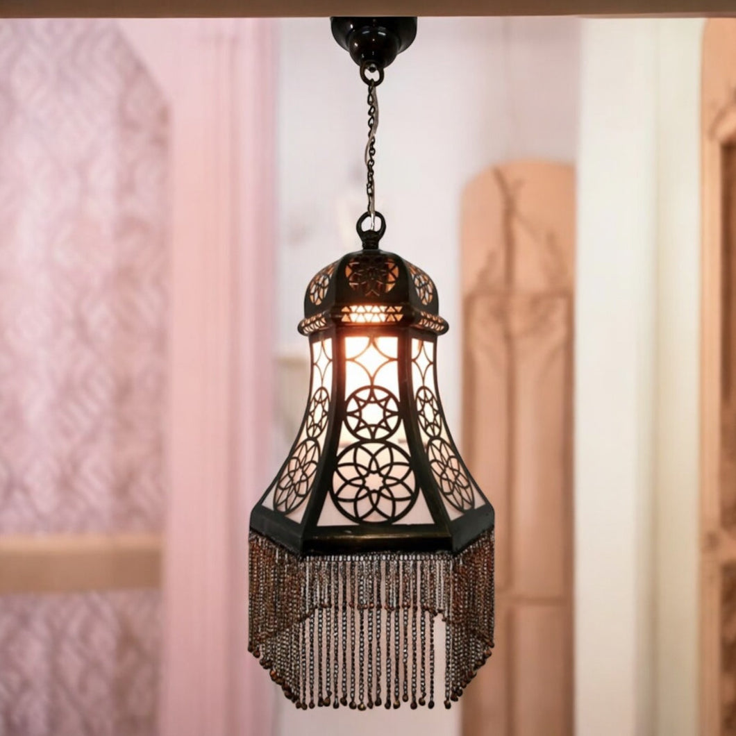 B266 Antique Brass & Black Moroccan Hexagonal Pyramid-Shaped Hanging Lampshade with Chain Curtain – Vintage Boho Ceiling Light