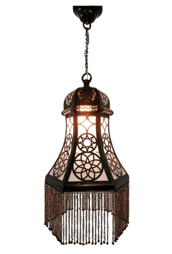 B266 Antique Brass & Black Moroccan Hexagonal Pyramid-Shaped Hanging Lampshade with Chain Curtain – Vintage Boho Ceiling Light