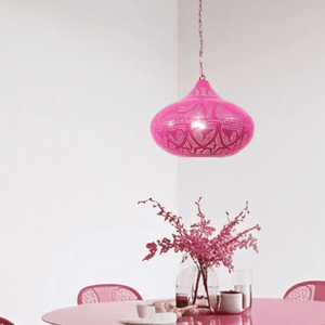 B268 Pink Steel Oriental Hanging Pendant Lamp| 12" Shade | Hardwired | LED 25-30