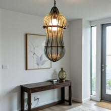 Load image into Gallery viewer, B61 Glass Hanging Lantern with Wrought Iron Cage, 38 cm, Ribbed Clear Glass Pendant Light, E27 LED Compatible