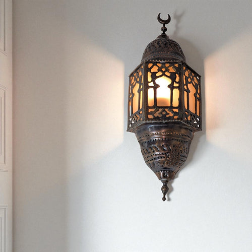 BR177 Moroccan Egyptian Brass Crescent Flush Wall Sconce Glass Vintage Style