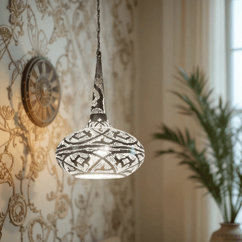 BR419 Handcrafted Steel Hanging Lamp - Silver Moroccan Hardwired Pendant Light