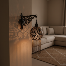Load image into Gallery viewer, BR456 Moroccan Brass Wall Light Perforated Globe &amp; Chain Tassels Antique Patina