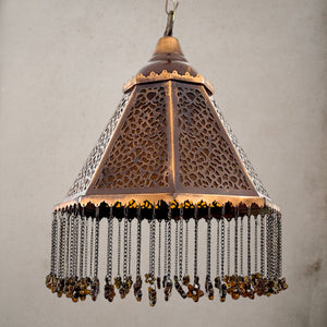 BZ3 Moroccan Octagonal Brass Chandelier Amber Glass Pyramidal with Chain Curtain