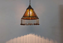 Load image into Gallery viewer, BZ3 Moroccan Octagonal Brass Chandelier Amber Glass Pyramidal with Chain Curtain