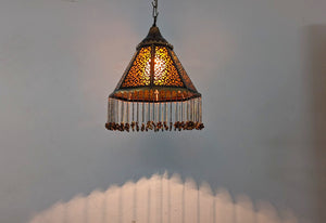 BZ3 Moroccan Octagonal Brass Chandelier Amber Glass Pyramidal with Chain Curtain