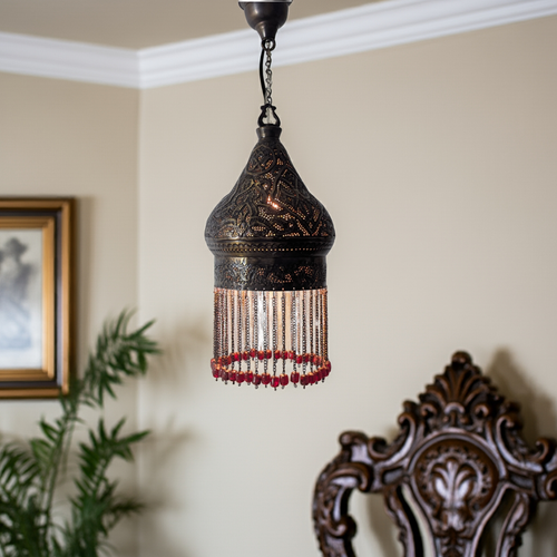 BR453 Antique Moroccan Pierced Hanging Lamp – Red Beads • Exotic Light Patterns