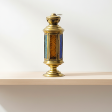 Load image into Gallery viewer, B204 Hexagonal Brass Tealight Lantern on Pedestal Blue/Green/Amber Glass Panels