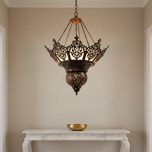 BR217M BR217M Oxidized Brass Moroccan Chandelier — Cast Filigree & White Stained Glass