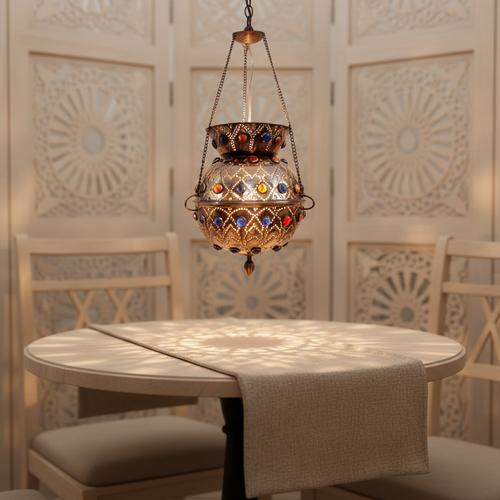 BR34 Handmade Vintage Islamic MISHKAH Brass Hanging Lamp Jeweled Hearts Pattern