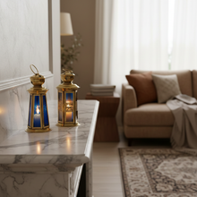 Load image into Gallery viewer, B306 Pair of Brass Small Ramadan Lanterns with Blue &amp; Amber Glass – Handmade