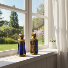 Load image into Gallery viewer, B306 Pair of Brass Small Ramadan Lanterns with Blue &amp; Amber Glass – Handmade