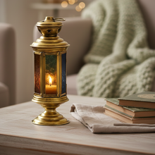 Load image into Gallery viewer, B204 Hexagonal Brass Tealight Lantern on Pedestal Blue/Green/Amber Glass Panels