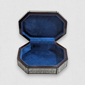 J22 Handmade Elongated Octagonal Mother of Pearl Jewelry Box Blue Velvet Lining