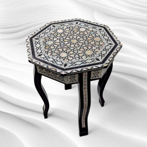 W155 BL Mother of Pearl Moroccan Corner Wood Octagonal Table Black End Coffee