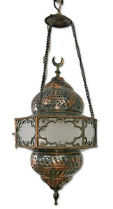 BR93W Vintage Reproduction Egyptian Hanging Brass Lamp/Lantern with White Glass