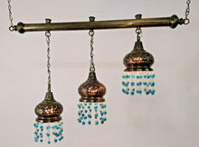 Load image into Gallery viewer, BR134 Three in One Stepped Lampshade on Monorail Chandelier with Aqua Blue Beads