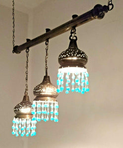 BR134 Three in One Stepped Lampshade on Monorail Chandelier with Aqua Blue Beads