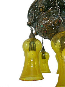 BR443 Vintage Reproduction Moroccan Flush Ceiling Chandelier Light Fixture Amber Mouth Blown Glass