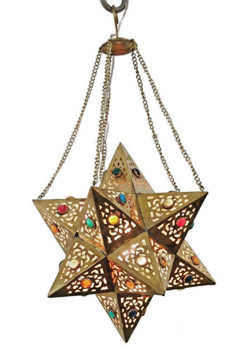 BR354 Handmade Brass Egyptian Moroccan Jeweled Star Pendant Hanging Lamp
