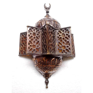 BR120 Antique Islamic Style Brass Wall Sconce Amber Glass