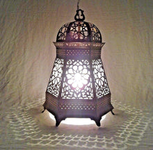 Load image into Gallery viewer, B157 Arabian Brass Hexagonal Table Lamp/Lantern with Frosted Glass Lining
