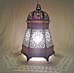 B157 Arabian Brass Hexagonal Table Lamp/Lantern with Frosted Glass Lining