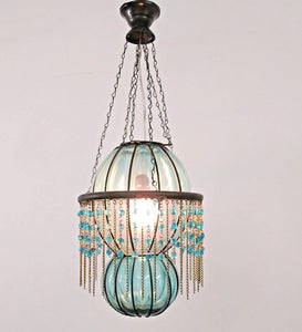 B290 Mouth-Blown Turquoise Glass Wrought Iron Beaded Chandelier Hanging Lamp