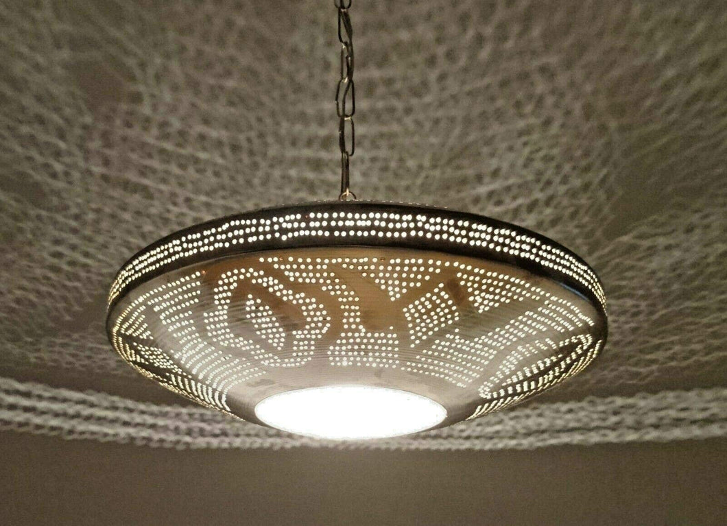 B294 Round Pie Tin Moroccan Silver Filigrain Lampshade LED Hanging Lamp