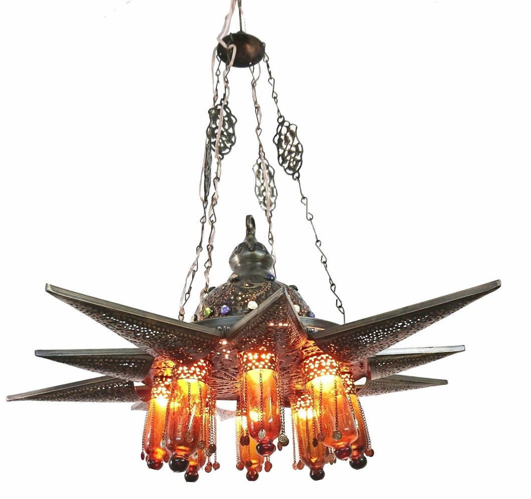 BR121 Large Brass Moroccan Light Fixture with Mouth Blown Amber Glass Inserts