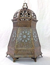 Load image into Gallery viewer, B157 Arabian Brass Hexagonal Table Lamp/Lantern with Frosted Glass Lining
