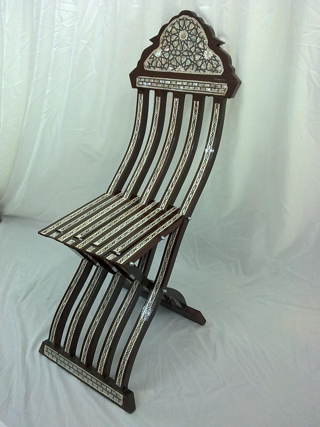W15B Gorgeous Mother of Pearl Inlaid Folding Wood Brown Chair