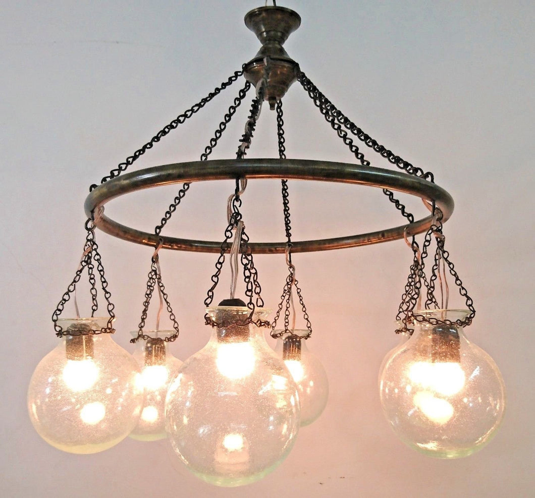 BR405 Antique Style 6 Mouth-Blown Ball Globes Glass/Brass Ring Large Chandelier