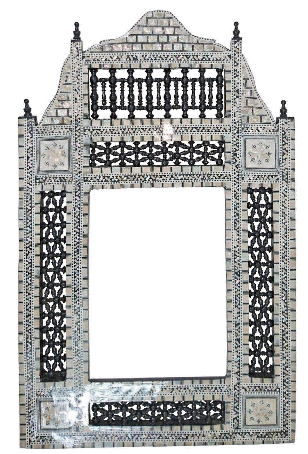 W107 Black Arabesque Mother of Pearl Wood Mirror Rectangular Frame
