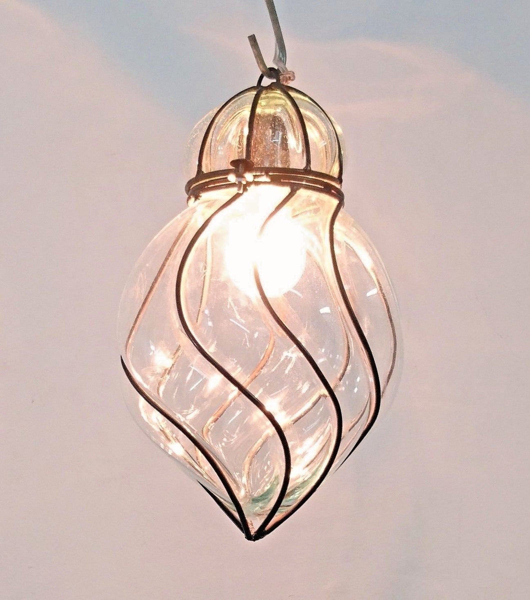 B277 Mouth-Blown Clear Glass Spiral Wrought Iron Hanging Lamp