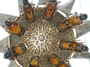 BR121 Large Brass Moroccan Light Fixture with Mouth Blown Amber Glass Inserts