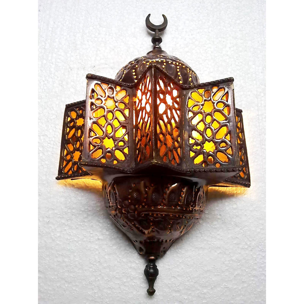 BR120 Antique Islamic Style Brass Wall Sconce Amber Glass