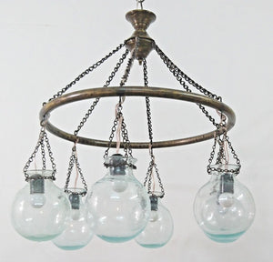BR405 Antique Style 6 Mouth-Blown Ball Globes Glass/Brass Ring Large Chandelier