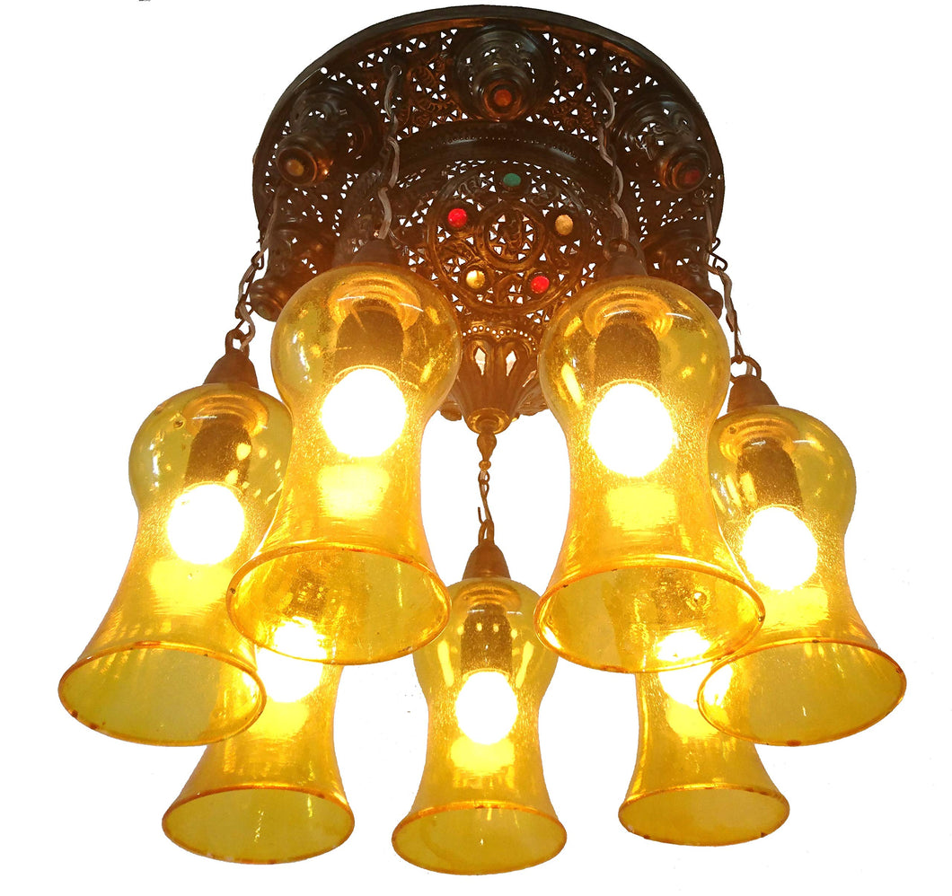 BR443 Vintage Reproduction Moroccan Flush Ceiling Chandelier Light Fixture Amber Mouth Blown Glass