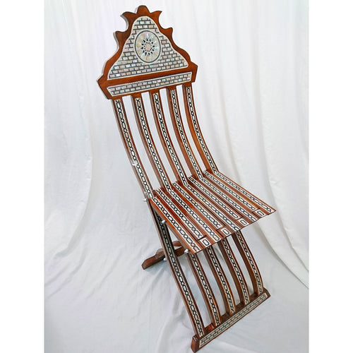 W85 Stunning Mother of Pearl Inlaid Folding Wood Brown Chair