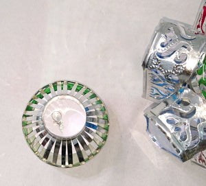 AA118 Egyptian Ramadan Silver Tin Candle Holder Lantern Colored Glass