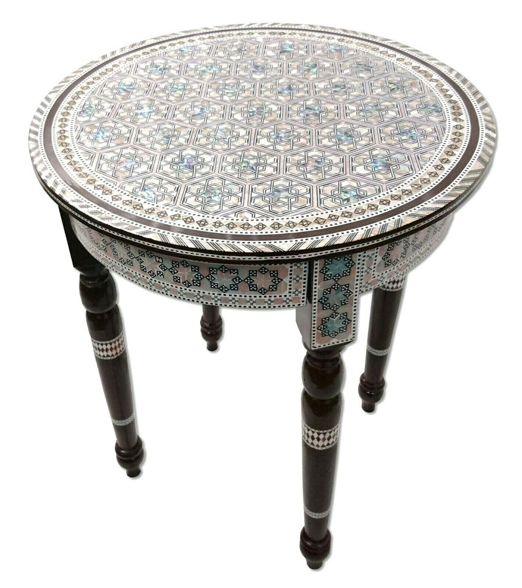 W170 Mother of Pearl Moroccan Corner Wood High Round Side Coffee Brown Table