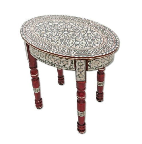W40R Moroccan Handmade Mother of Pearl Inlaid Coffee Side End Oval Brown Table